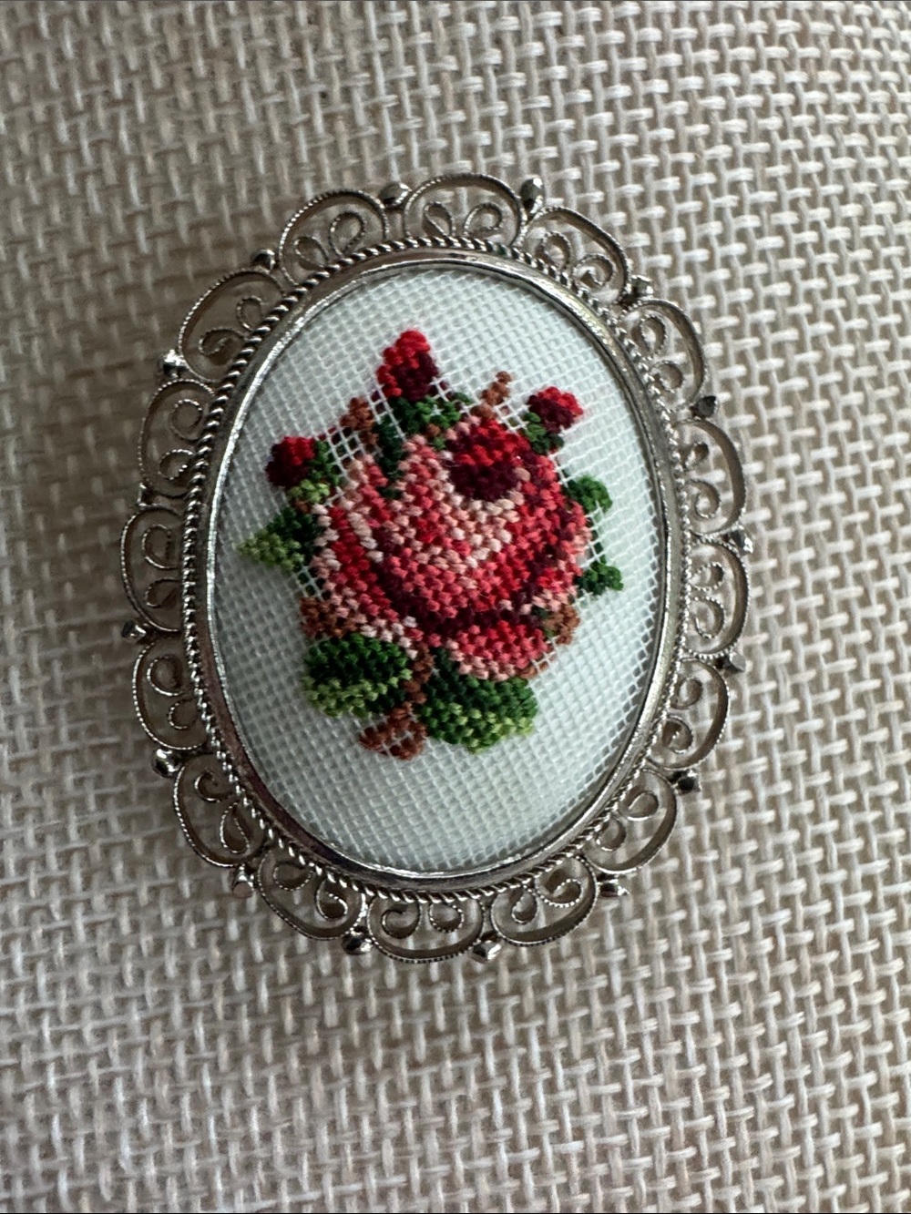 VTG Austria Petit Point Rose Brooch - Picture 1 of 4